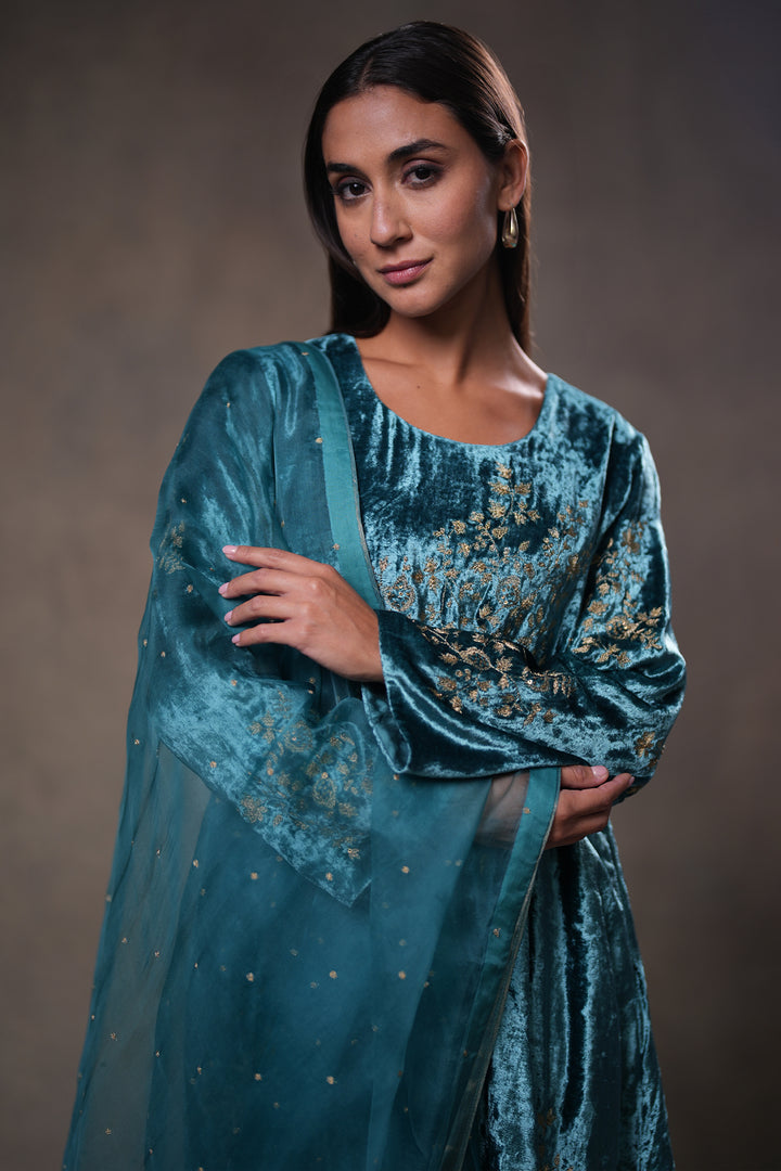 Teal Embroidered Organza Dupatta