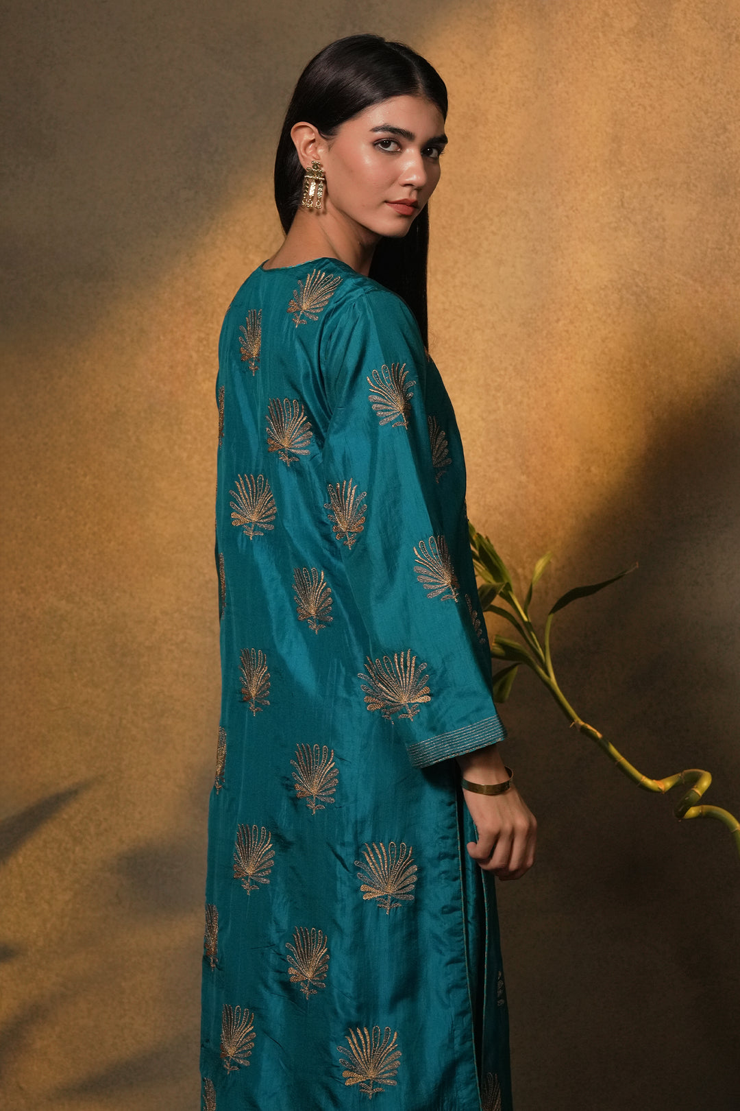 Teal Hand Embroidered Silk Kurta with Pants and Dupatta