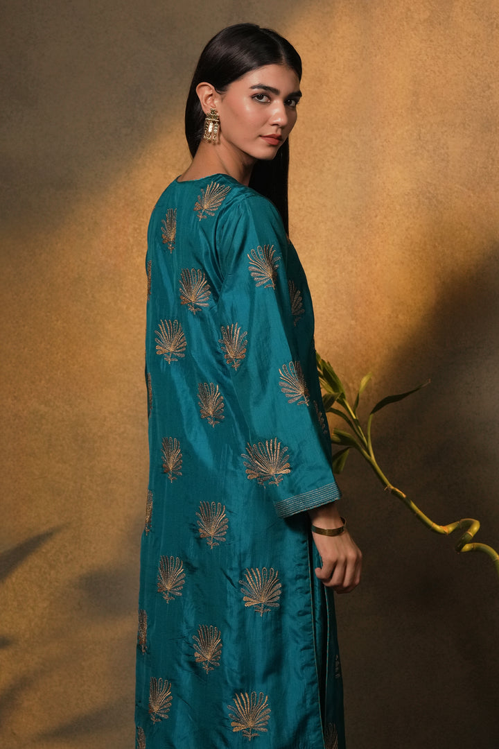 Teal Hand Embroidered Silk Kurta with Pants and Dupatta