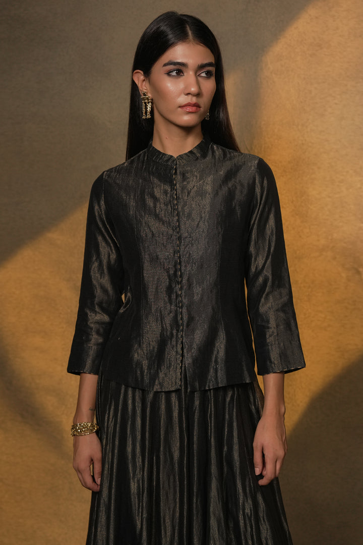 Navy Hand Embroidered Tissue Lehenga with Blouse & Organza Dupatta