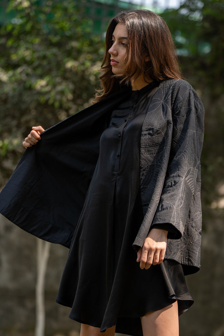 Black Embroidered Quilted Silk Jacket