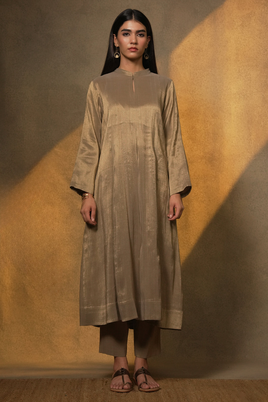 Beige Tissue Kurta with Pants and Dupatta