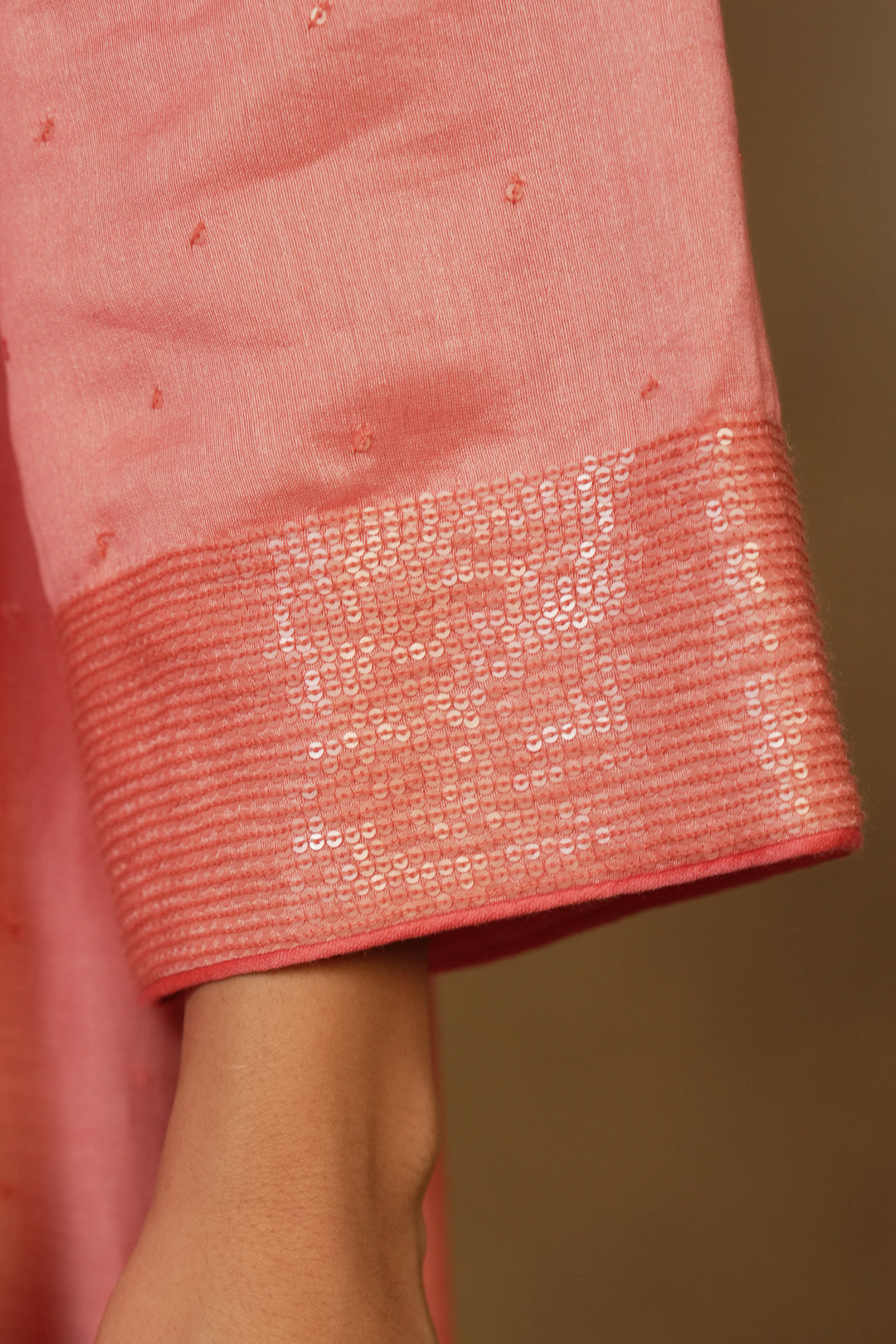 Peach Hand Embroidered Chanderi Kurta with Pants and Dupatta