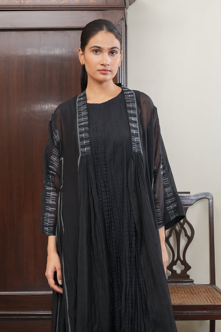 Black Embroidered Chanderi Cape with Cotton Slip