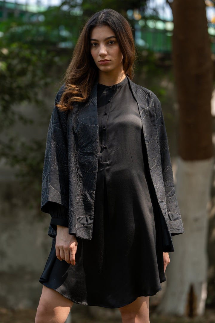 Black Embroidered Quilted Silk Jacket