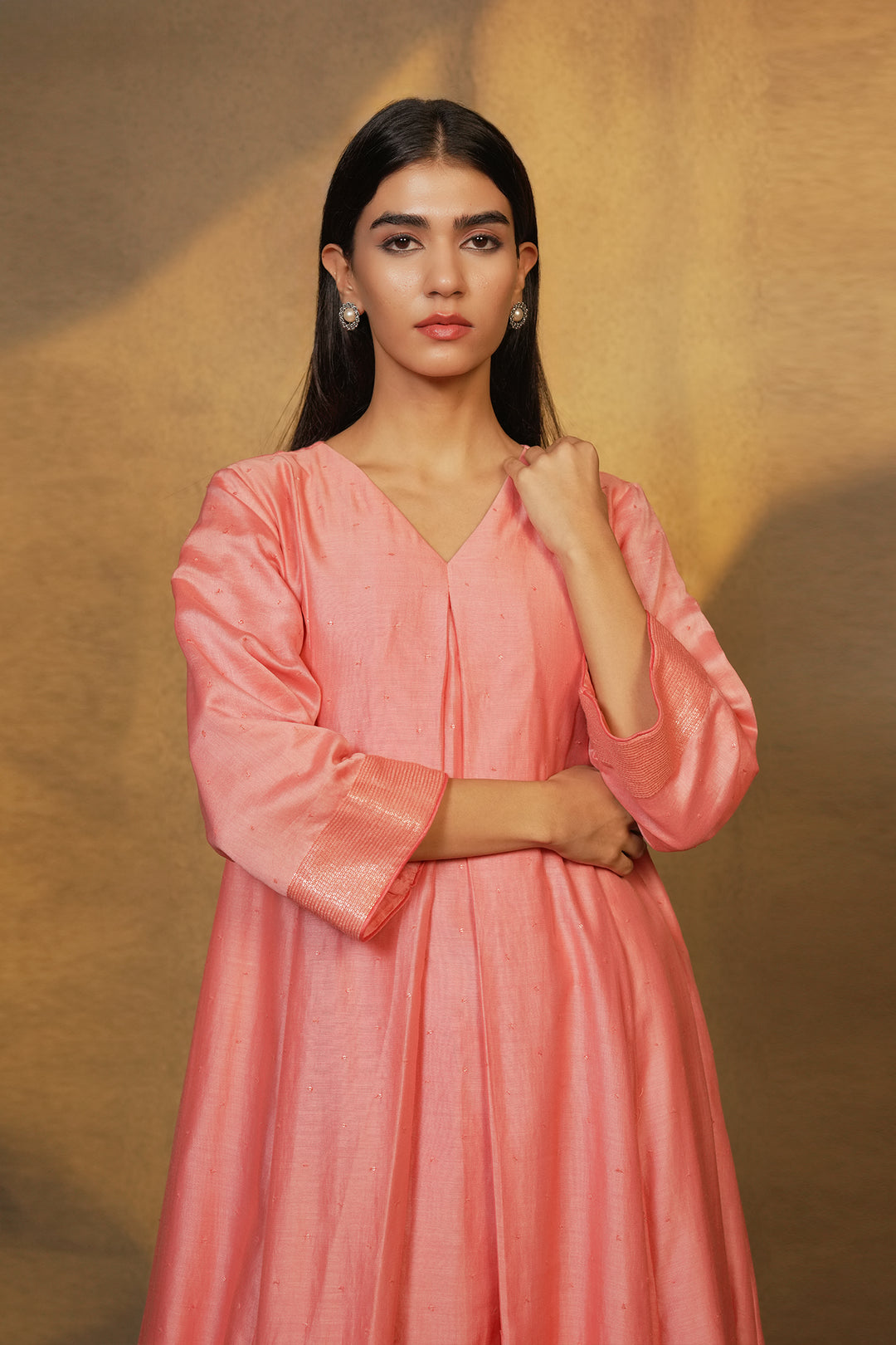 Peach Hand Embroidered Chanderi Kurta with Pants and Dupatta