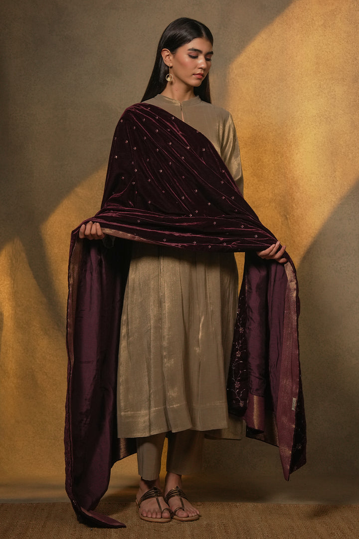 Plum Hand Embroidered Velvet Dupatta