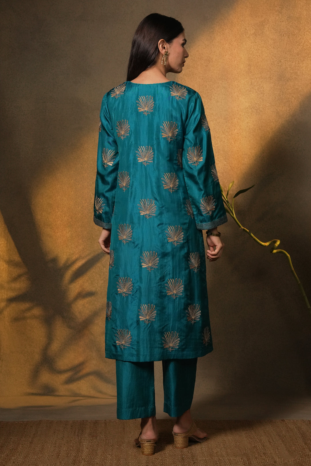 Teal Hand Embroidered Silk Kurta with Pants and Dupatta