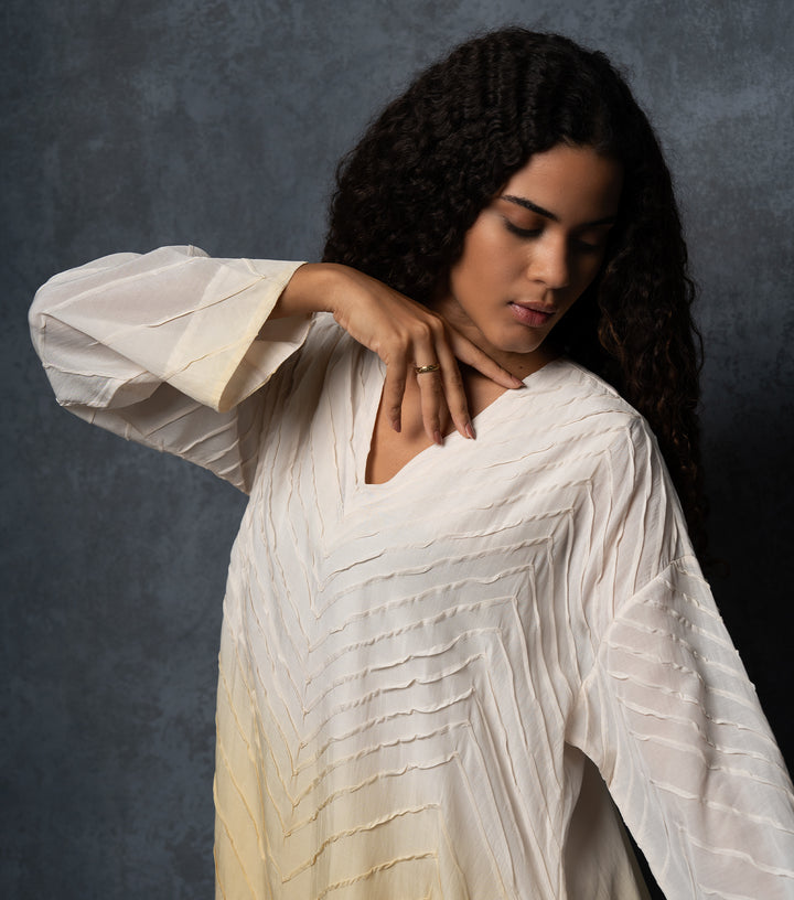 Yellow & Beige Ombre Thread Embroidered Cotton Dress
