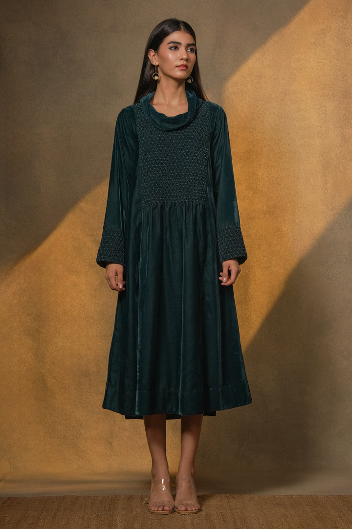 Teal Hand Embroidered Velvet Dress