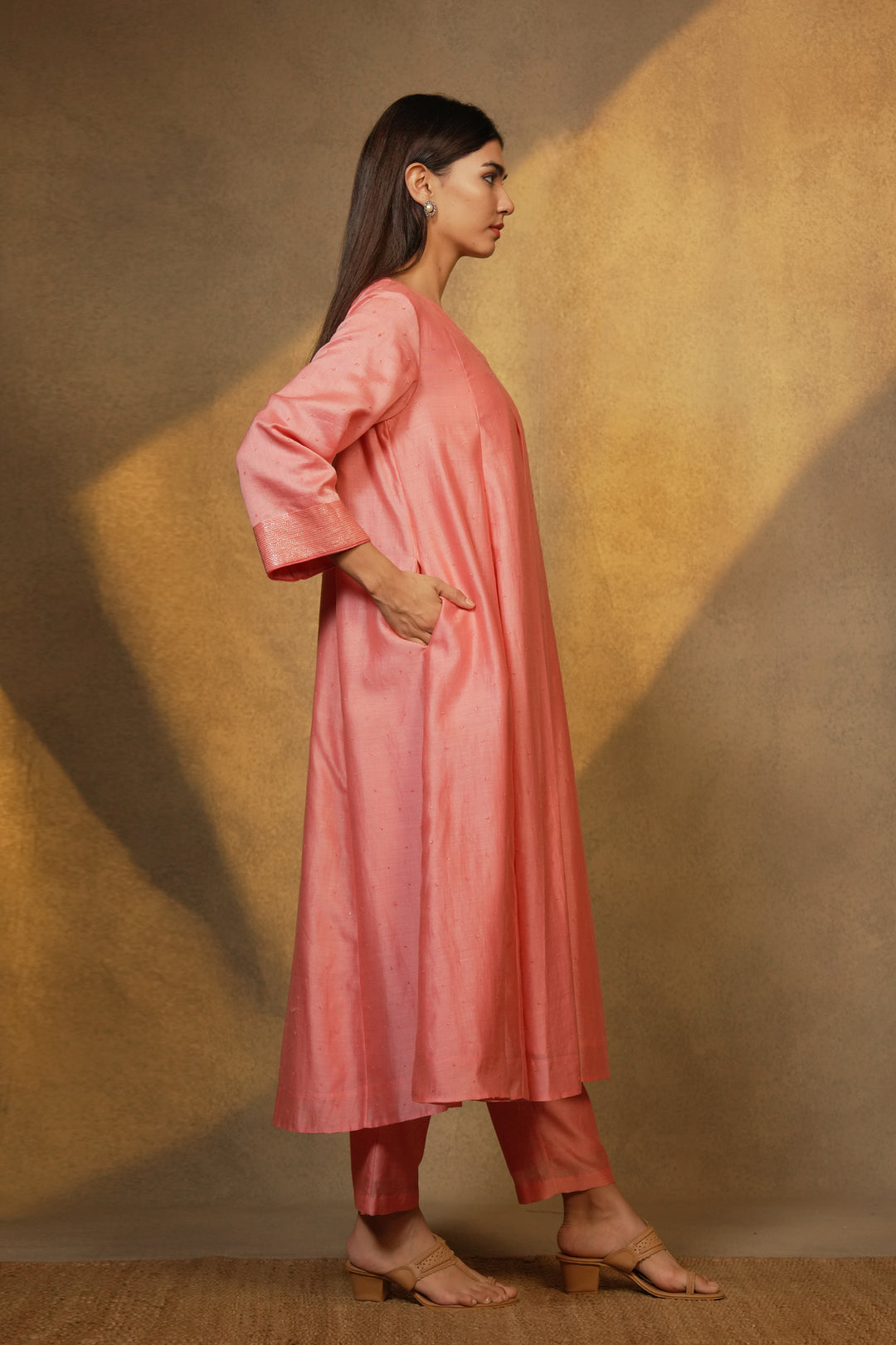 Peach Hand Embroidered Chanderi Kurta with Pants and Dupatta