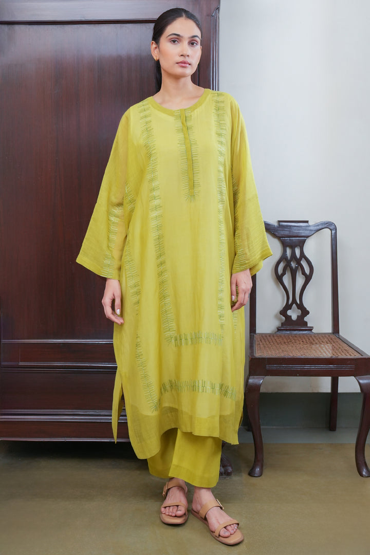 Lime Green Embroidered Chanderi Kaftan with Cotton Slip