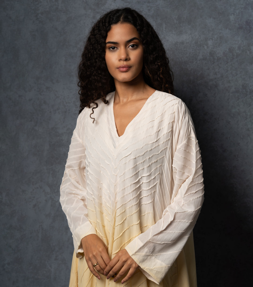 Yellow & Beige Ombre Thread Embroidered Cotton Dress
