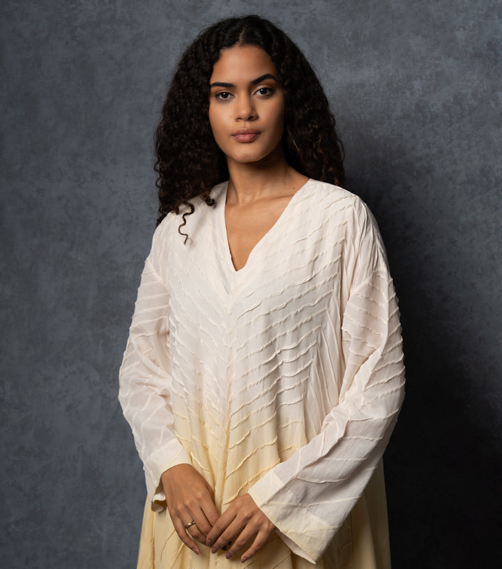 Yellow & Beige Ombre Thread Embroidered Cotton Dress