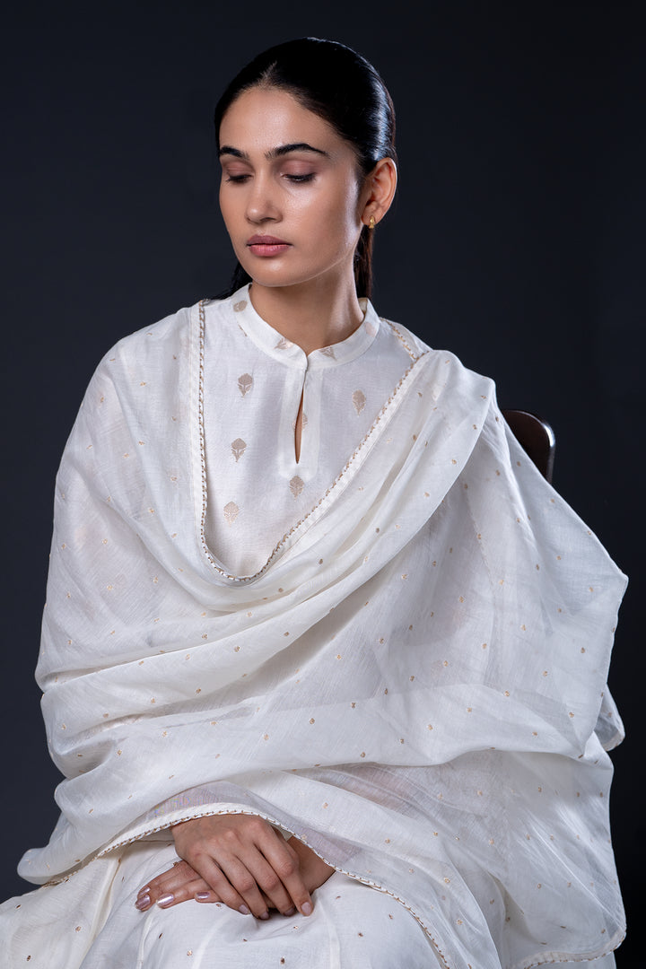 Natural Hand Embroidered Banarsi Chanderi Short Kurta