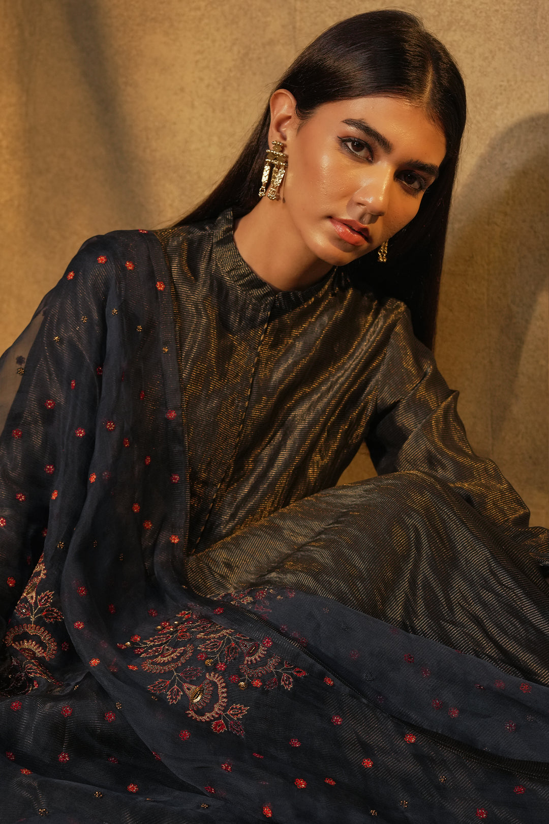 Navy Hand Embroidered Tissue Lehenga with Blouse & Organza Dupatta