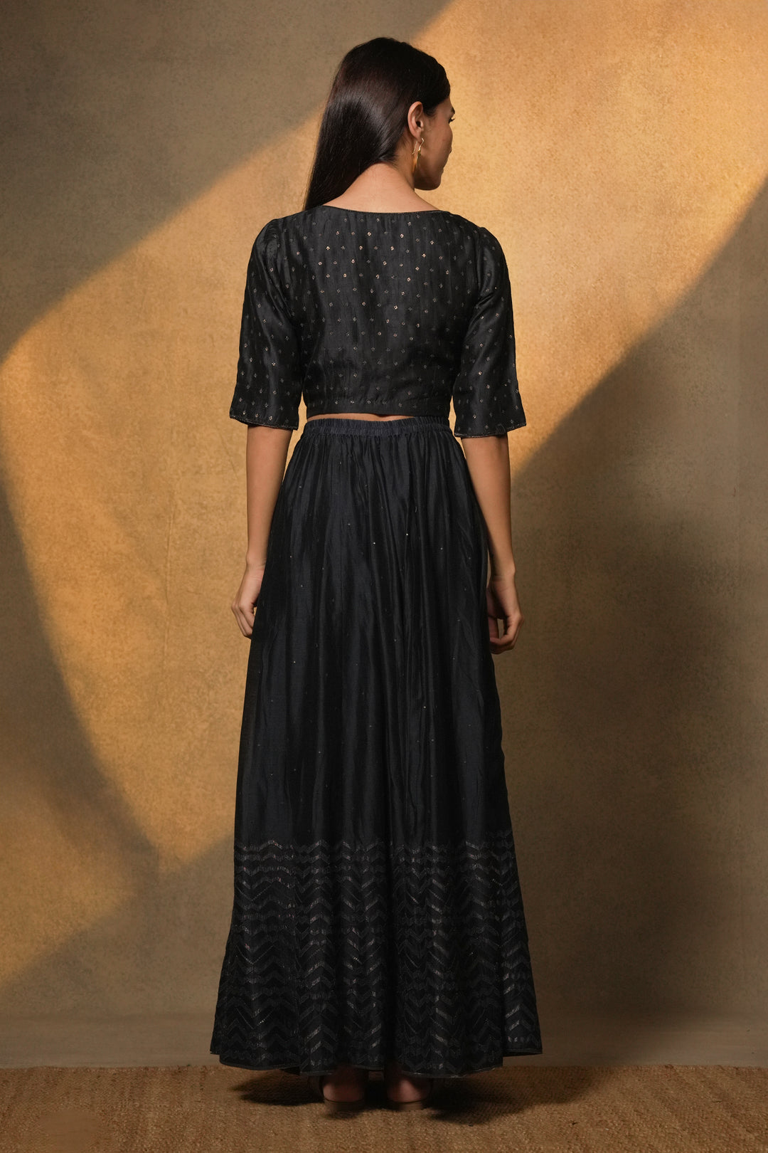 Navy Hand Embroidered Chanderi Lehenga Set with Blouse & Organza Dupatta