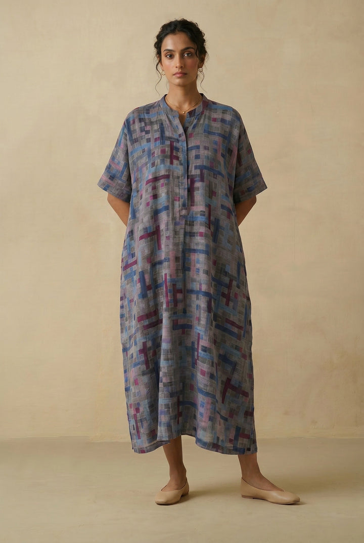 Blue Multicolour Printed Chanderi Kaftan With Slip
