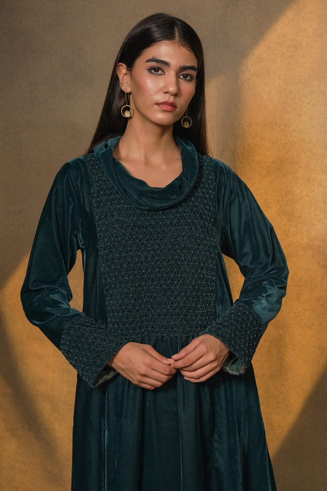 Teal Hand Embroidered Velvet Dress