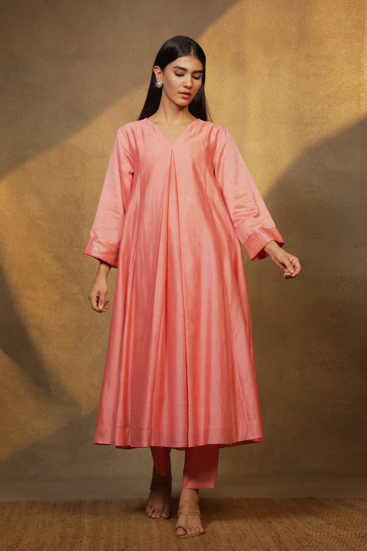 Peach Hand Embroidered Chanderi Kurta with Pants and Dupatta