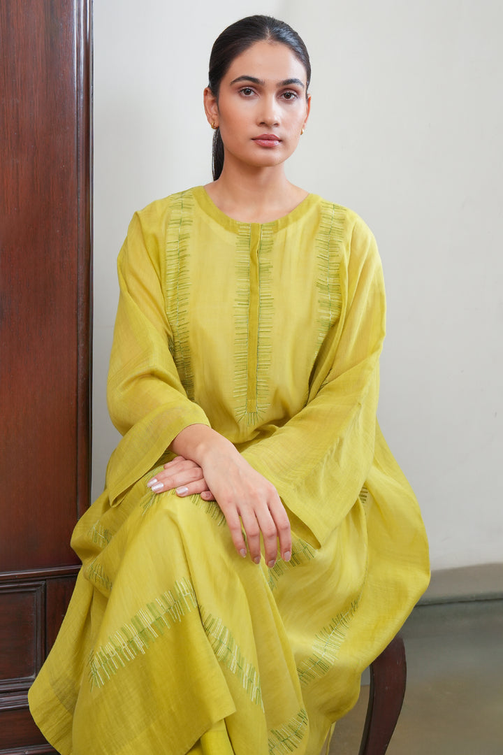Lime Green Embroidered Chanderi Kaftan with Cotton Slip