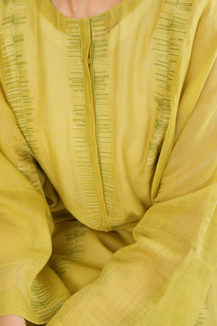 Lime Green Embroidered Chanderi Kaftan with Cotton Slip