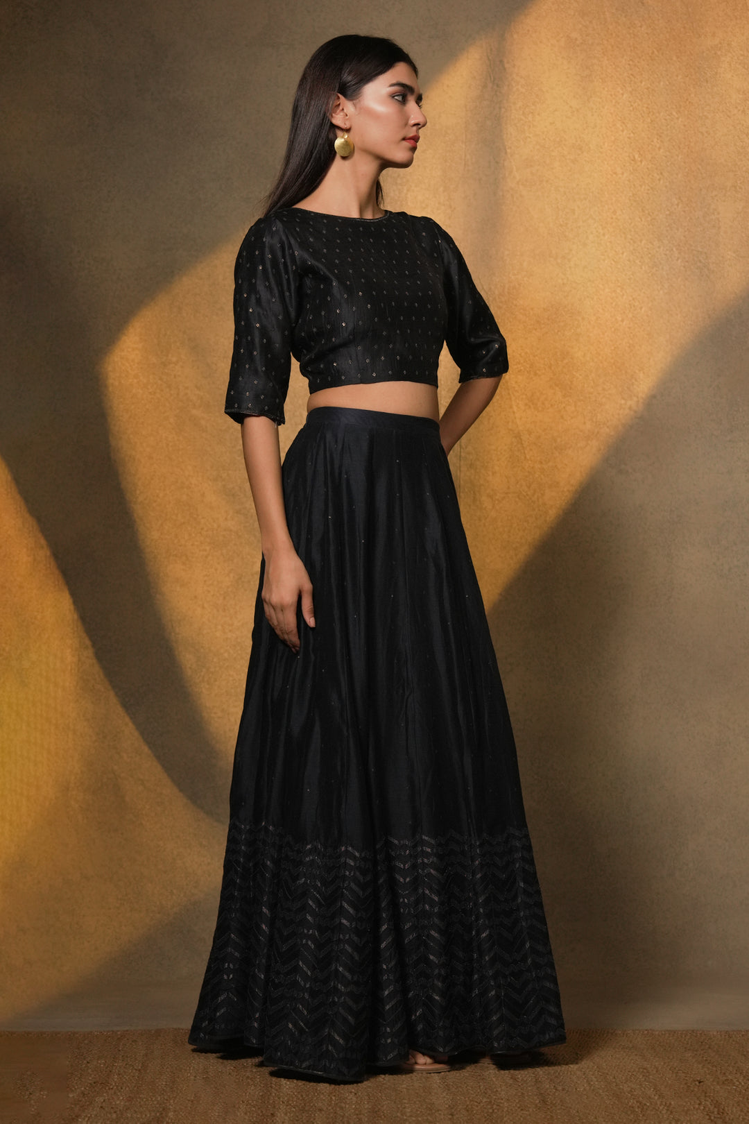 Navy Hand Embroidered Chanderi Lehenga Set with Blouse & Organza Dupatta