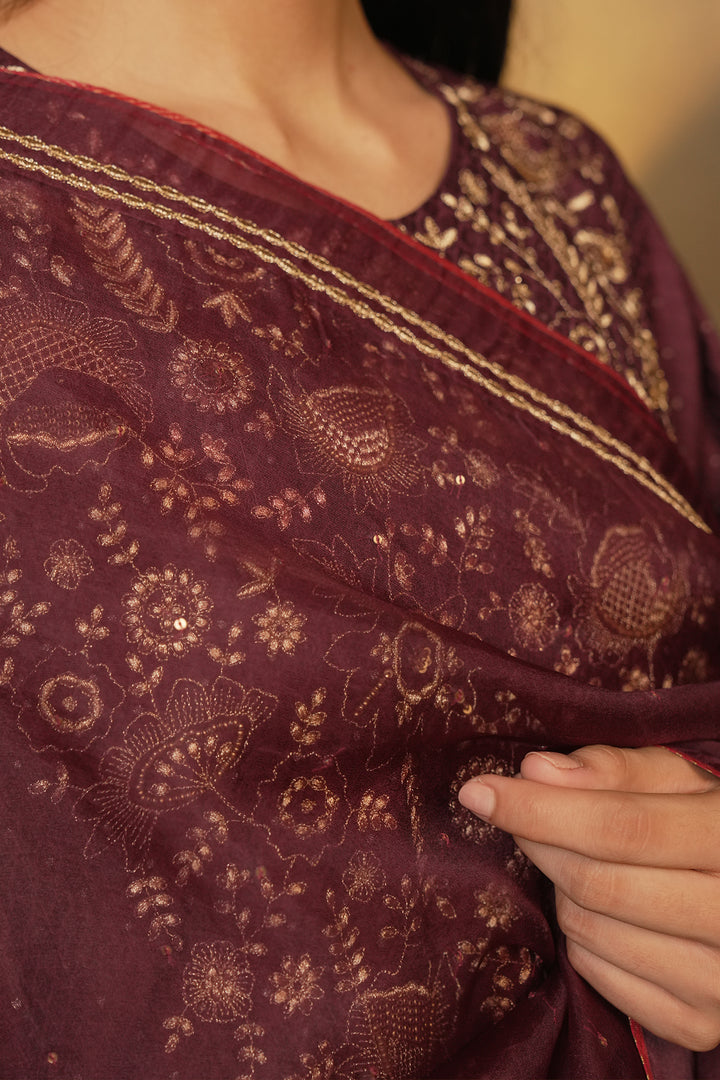 Plum Hand Embroidered Brocade Kurta with Pants and Organza Dupatta
