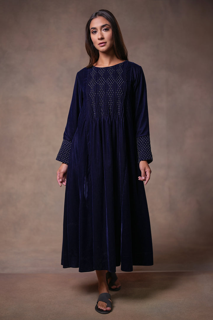 Navy Hand Embroidered Velvet Dress