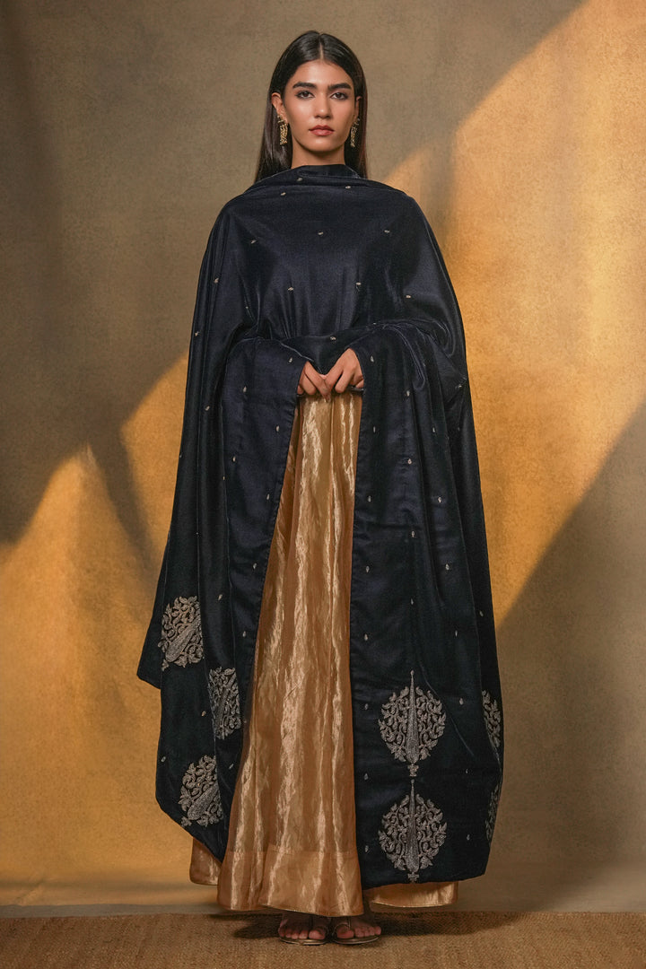 Navy Hand Embroidered Velvet Dupatta