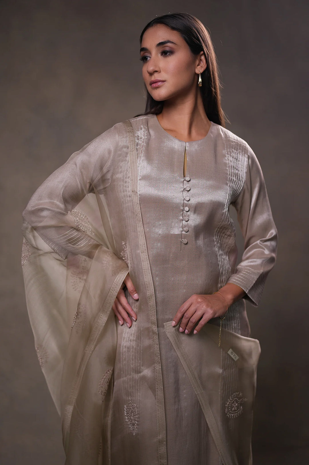 Champagne Tissue Kurta with Pants and Dupatta