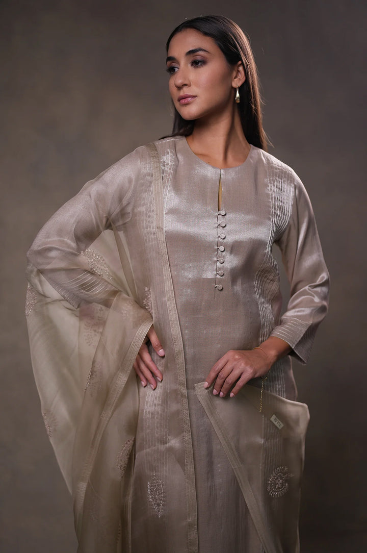 Champagne Tissue Kurta with Pants and Dupatta