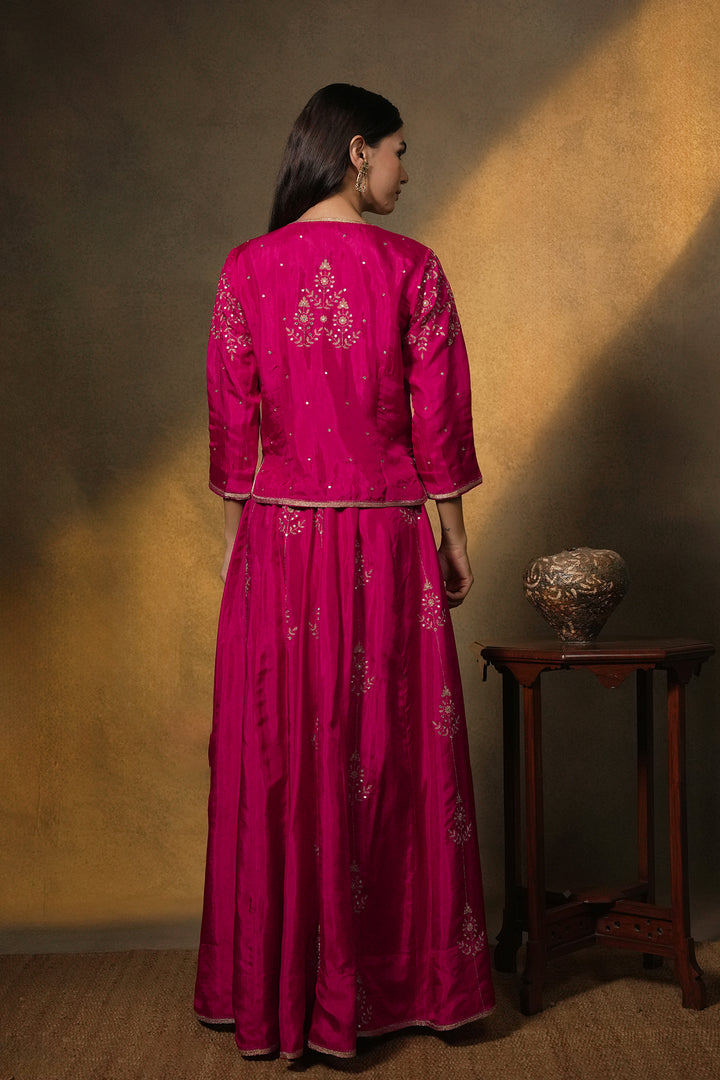 Pink Hand Embroidered Silk Lehenga with Kurti & Dupatta - Set of 3