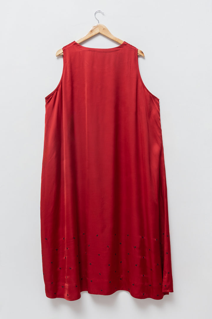 Maroon Embellished Satin Sleeveless Midi Dress