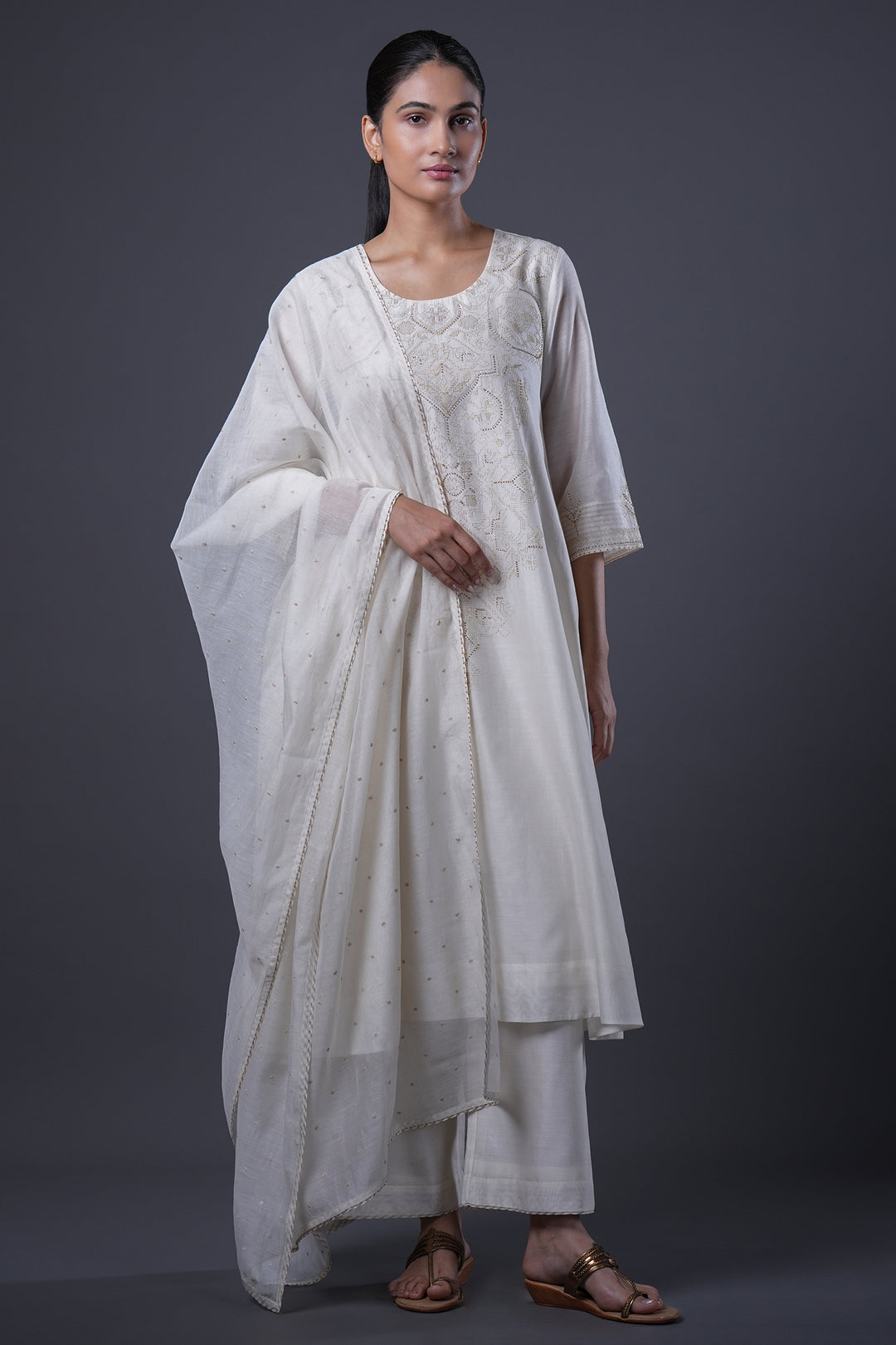 Natural Hand Embroidered Chanderi Kurta