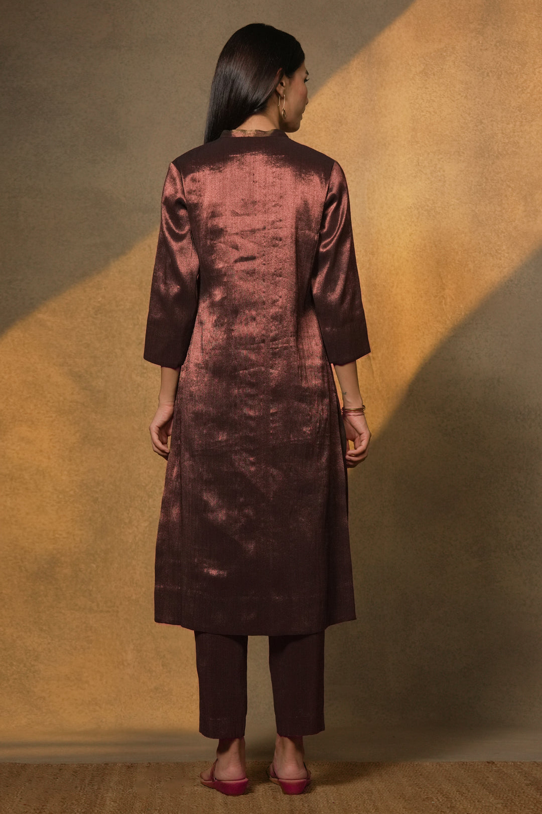 Plum Tissue Kurta with Pants and Velvet Dupatta