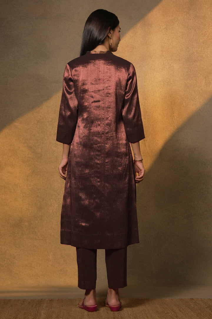 Plum Tissue Kurta with Pants and Velvet Dupatta