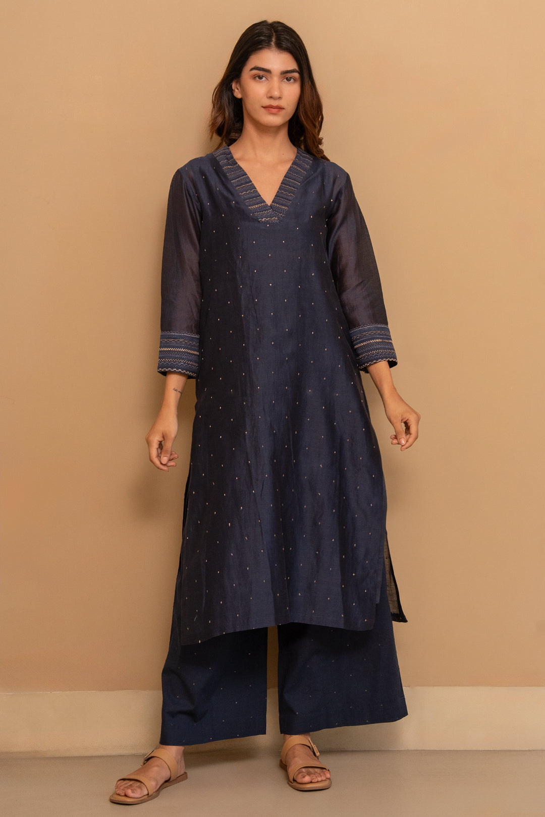 Prussian Blue Embroidered Chanderi Kurta Set