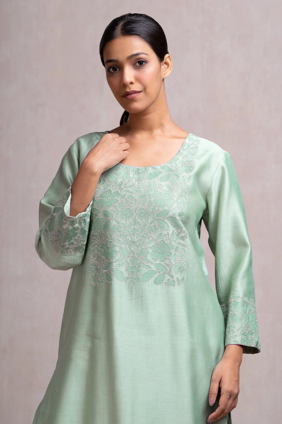Mint Thread & Zari Embroidered Kurta Set with Pants & Dupatta
