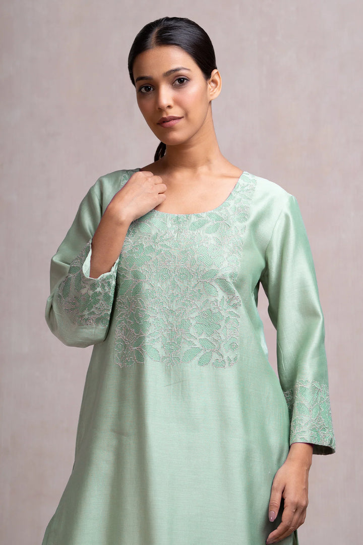 Mint Thread & Zari Embroidered Kurta Set with Pants & Dupatta