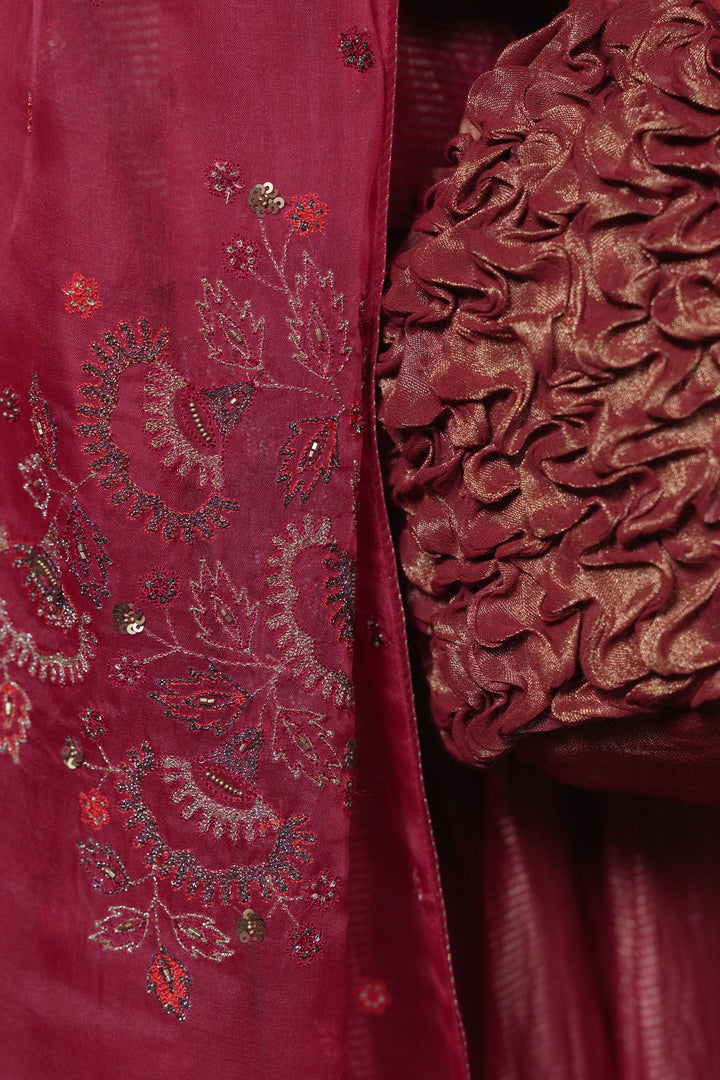 Magenta Pink Hand Embroidered Tissue Lehenga Set