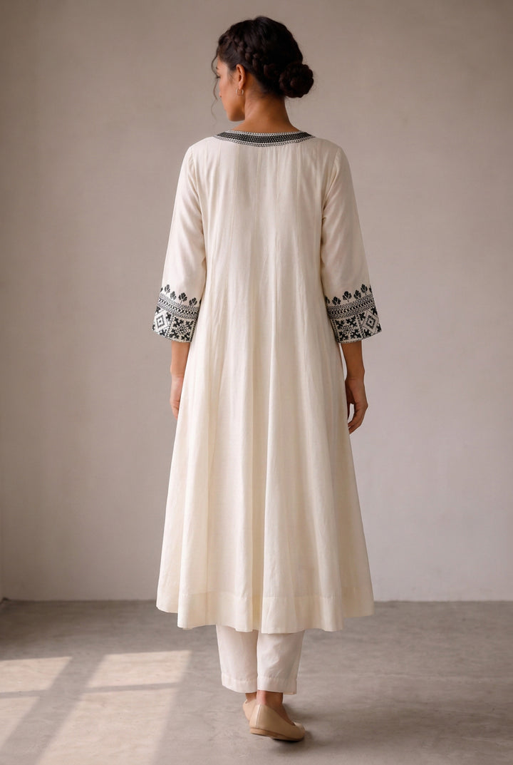 Off White & Black Embroidered Cotton Silk Kurta Set