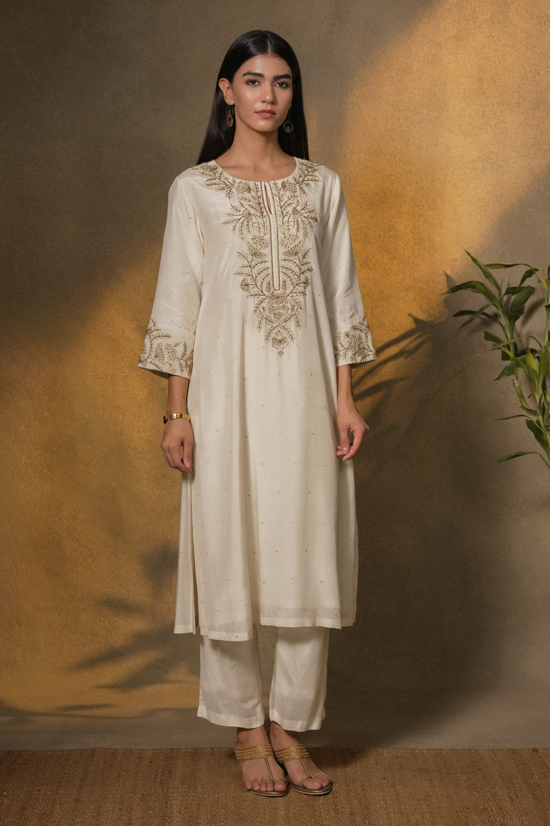 Natural Hand Embroidered Cotton Silk Kurta with Pants and Organza Dupatta