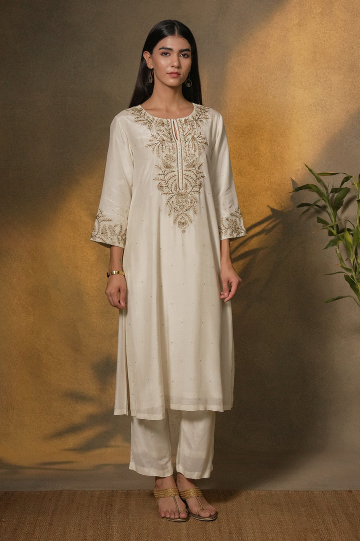 Natural Hand Embroidered Cotton Silk Kurta with Pants and Organza Dupatta