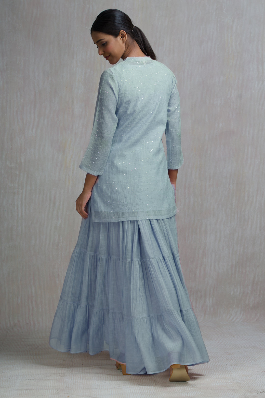 Powder Blue Hand Embroidered Skirt Set with Kurti & Dupatta
