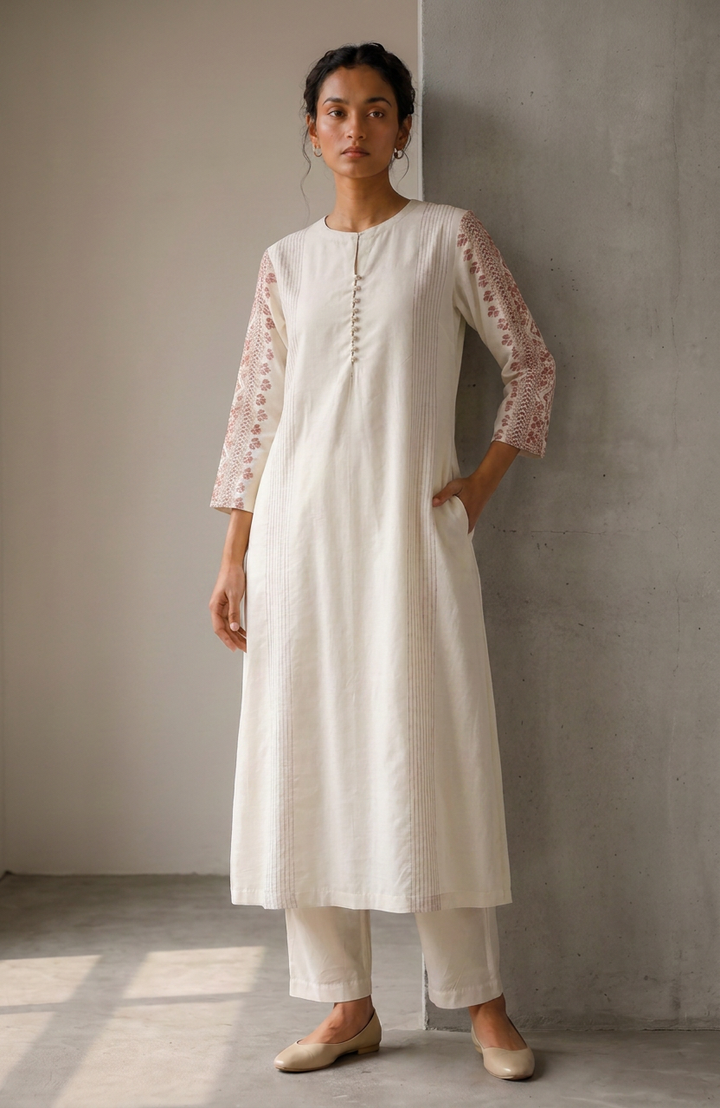 Off White & Peach Embroidered Cotton Silk Kurta Set
