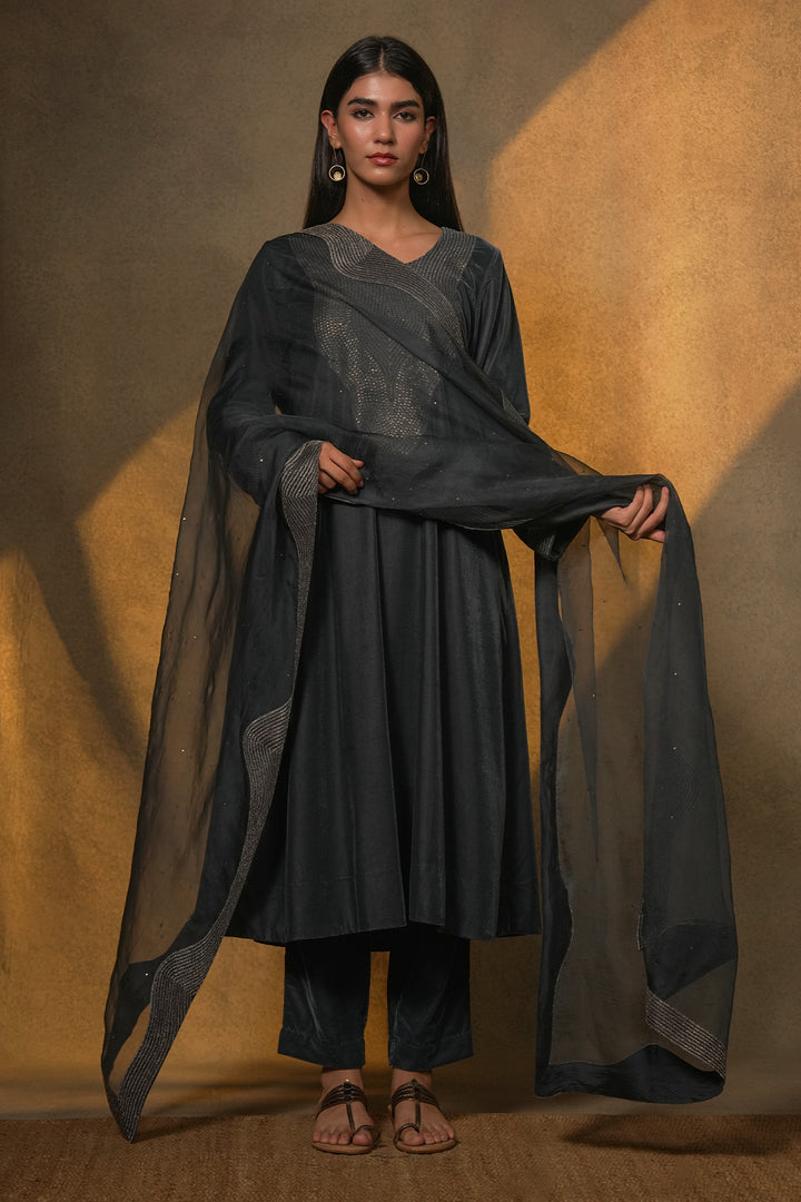 Petrol Blue Velvet Kurta with Pants and Organza Dupatta