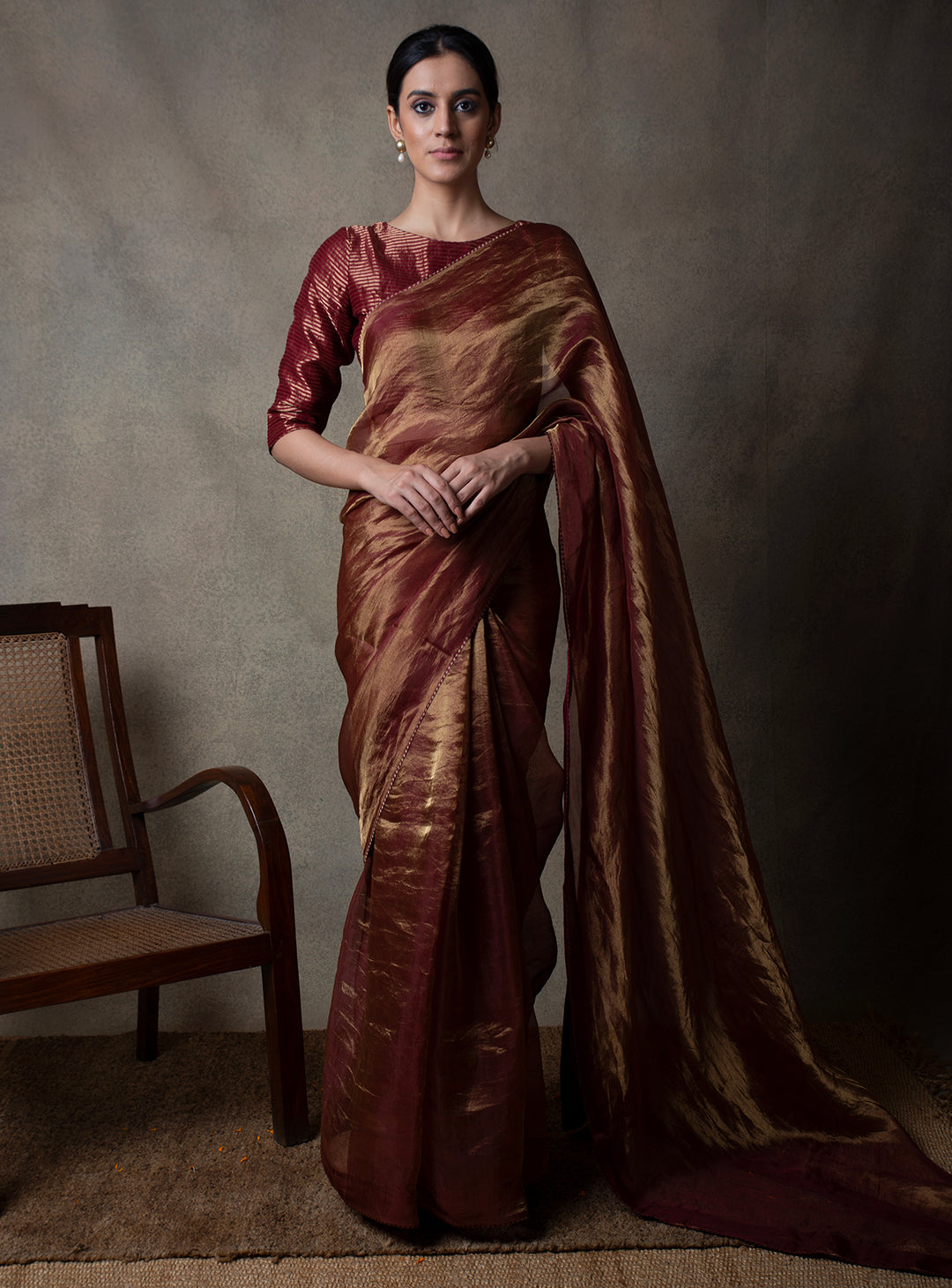 Maroon Solid Tissue Saree