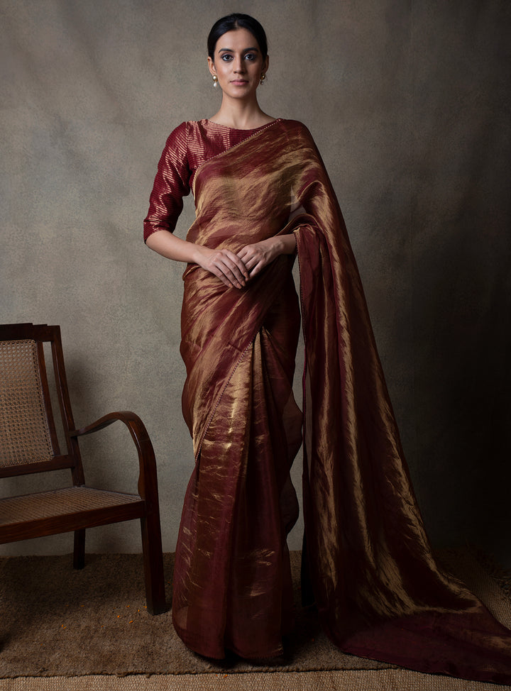 Maroon Solid Tissue Saree