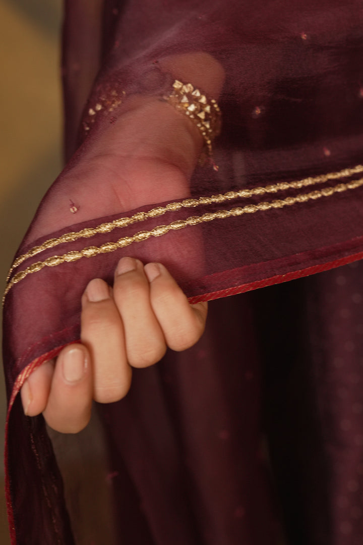 Plum Hand Embroidered Brocade Kurta with Pants and Organza Dupatta